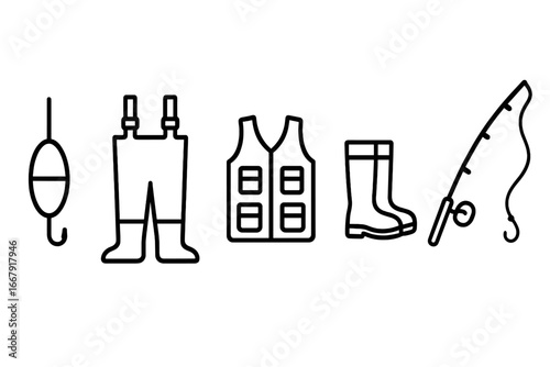 Fishing gear outline icon set. Angler equipment with tackle, bobber, waders, vest, boots, and rod. Vector line art collection for outdoor hobby and recreation concept.