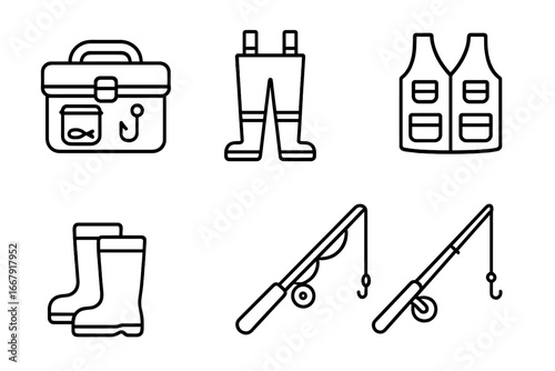 Fishing gear outline icon set. Vector collection of fisherman equipment with tackle box, waders, vest, boots, and rods. Line art for outdoor sport and hobby concepts.