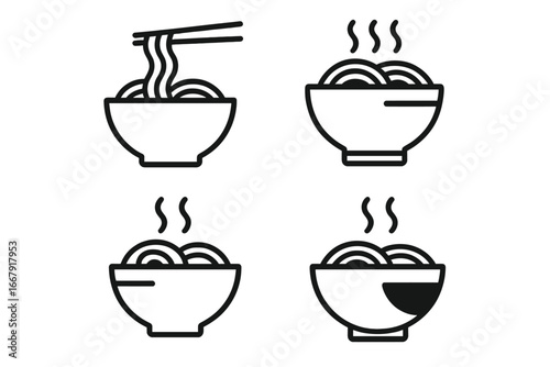 Noodle soup outline icon set. Ramen bowl vector illustrations. Asian food symbols for menu, logo. Hot Japanese, Chinese cuisine. Simple line art with chopsticks. Eat meal.