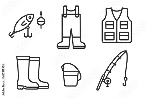 Fishing gear and equipment outline icon set. Angling and outdoor hobby concept. Vector collection with rod, tackle, lure, waders, boots, vest, and bucket icons.