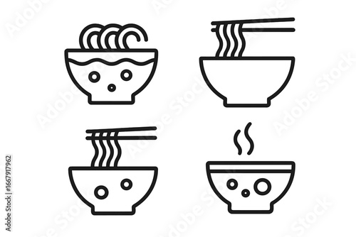 Noodle soup outline icon set. Asian cuisine food symbols. Vector ramen, pho, pasta bowl illustration. Chopsticks, steam. Japanese, Chinese, Thai food pictogram line art.