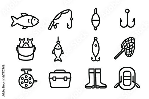 Fishing line icon set. Angling equipment and tools outline collection. Vector illustration of fish, rod, hook, lure, boat, reel, net, bobber, bucket, tackle box.