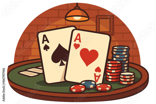 Winning poker hand with two aces on a green table with chips. Vector illustration of a card game night. Gambling, casino, and luck concept. Bet, jackpot, and entertainment.