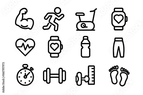 Vector fitness & sport outline icon set. Health & activity tracking symbols for workout apps. Includes dumbbell, run, heartbeat, and smartwatch icons. Gym lifestyle collection.