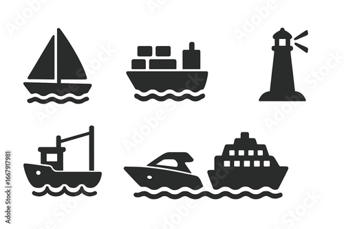 Ship and boat types icon set. Solid glyph vector collection of nautical transport and maritime symbols. Sailboat, cargo ship, fishing boat, ferry, yacht, and lighthouse.