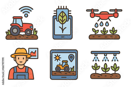 Smart farming icon set. Agritech vector illustration. Modern agriculture technology concepts. Automation, drone spraying, GPS tractor, farmer data analysis, smart irrigation.