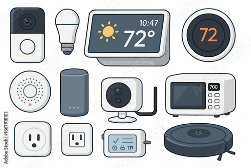Smart home automation vector icon set. Internet of Things (IoT) devices and appliances. Illustration of security camera, thermostat, robot vacuum, smart speaker and lightbulb.