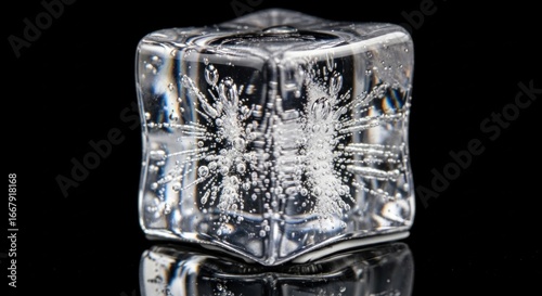 A single clear ice cube with intricate bubbles and patterns frozen inside against a black background.