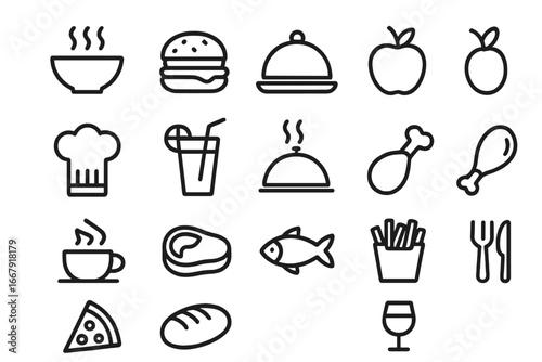 Food and cuisine outline icon set. Delicious meal, cooking, and dining line icons. Vector illustration for restaurant menu, cafe, fast food, delivery and cooking apps.