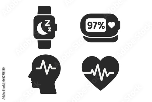 Night health monitoring solid icon set. Sleep tracker smartwatch, finger pulse oximeter, brainwave EEG and heart rate EKG. Medical and health tech vector graphic symbols.