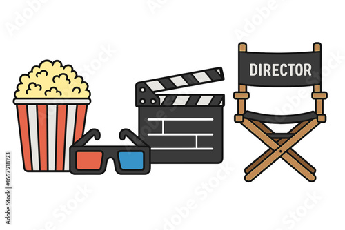Movie production elements set. Cinema concept with director chair, popcorn, clapperboard, and 3D glasses. Film industry symbols. Vector cartoon illustration for entertainment.