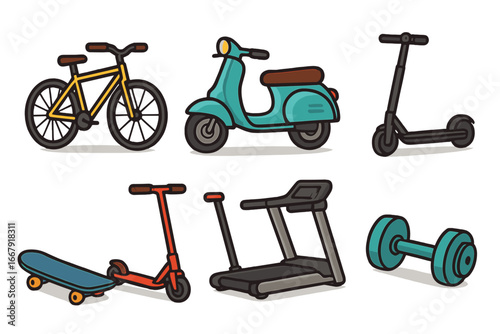 Urban mobility and active lifestyle vector set. Flat cartoon design showcases bicycle, scooter, skateboard, treadmill, dumbbell, moped for transportation and fitness concepts.