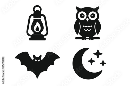 Nighttime nature icon set vector illustration. Solid glyph icons of lantern, owl, bat, crescent moon, and stars. Spooky Halloween symbols for design. Nocturnal animal concept.