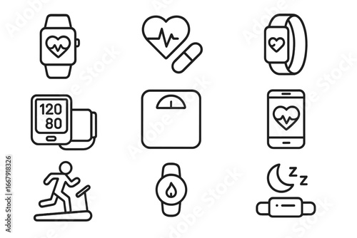 Healthcare and fitness line icon set. Wearable technology, smartwatch, and health tracker symbols. Heartbeat, blood pressure, sleep monitor, and weight scale vector icons.