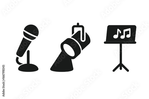 Singing performance vector icon set. Solid glyph symbols for live music show. Stage elements like microphone, spotlight, and music stand with notes. Concert concept.