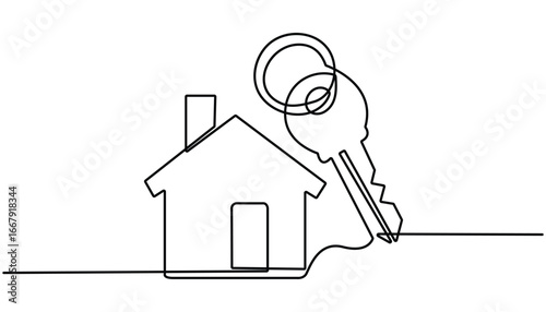 Continuous one line art drawing symbol of house keys, Single Line Vector Illustration, Real Estate Line Icon Vector Design, Continuous One Line Drawing Real Estate Icons Concept.