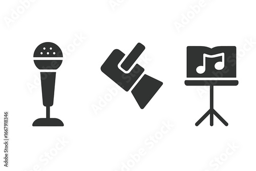 Singing performance icon set. Solid glyph vector of stage elements. Microphone, spotlight, music stand. Live concert, show, karaoke, song, and audio entertainment concept.