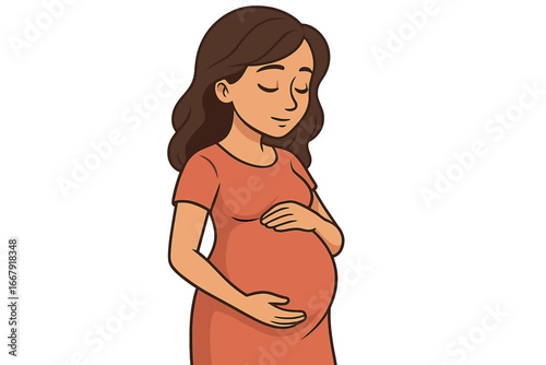 Pregnant woman gently holding belly illustration. Expecting mother calm peaceful pose. Maternity care anticipation motherhood vector. Cartoon isolated transparent background. Pregnancy concept art.