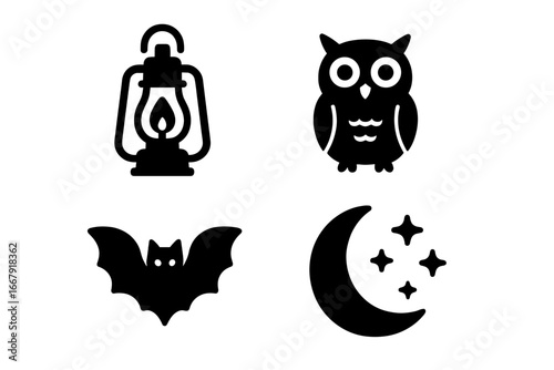 Nighttime nature solid icon set. Halloween spooky symbols collection. Vector glyph illustration of a lantern, owl, bat, and crescent moon with stars. Black silhouettes pack.