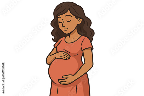 Pregnant woman gently holding belly, serene thoughtful pose, maternity concept, expecting mother, vector cartoon illustration, prenatal care, motherhood, isolated on transparent background