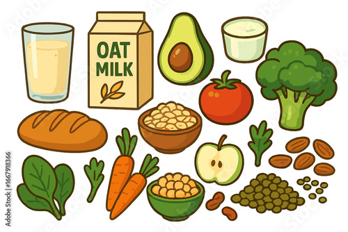 Plant-Based Food and Drink Collection. Assortment of Vegan, Vegetarian, Healthy Organic Foods, Bread, Nuts, Vegetables, Fruit, Dairy Alternatives, Hand Drawn Cartoon Vector Set Transparent