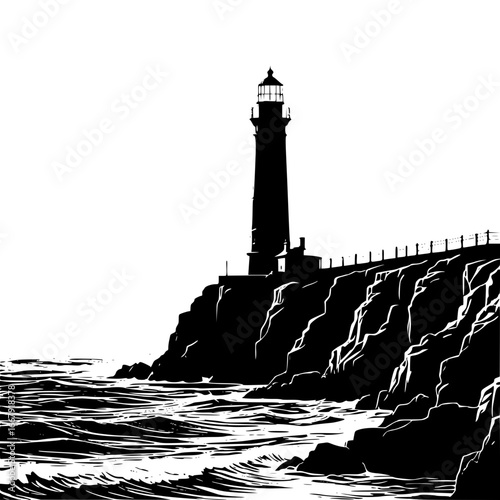 Silhouette of a lighthouse on a cliff overlooking the ocean waves below