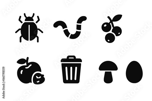 Skunk food sources icon set. Solid glyph icons of omnivore diet including beetle, worm, berry, fallen fruit, garbage, mushroom, and bird egg. Wildlife animal feeding vector.
