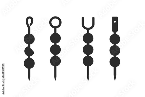 Skewer icon set vector glyphs. Assortment of bamboo, metal, double prong, and flat skewers for food presentation. Solid icons for barbecue, grill, shish kebab, souvlaki.