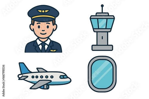 Pilot, plane, control tower and porthole icon set. Aviation cartoon vector illustration. Air travel and transportation concept. Flight, crew and airport graphic elements.