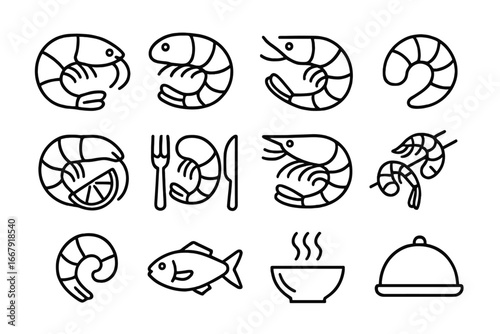 Seafood shrimp line icon set, culinary restaurant outline icons collection, vector cartoon illustration of prawn, seafood meal, fish, shrimp dish, food, kitchen tools, lunch, transparent background