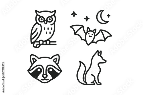 Nocturnal wildlife outline icon set. Forest animals vector collection. Owl perched, bat flying, raccoon face, fox silhouette. Night creatures, moon, stars. Simple line art.