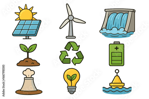 Renewable energy icon set. Sustainable power sources like solar, wind, hydro, and geothermal. Green technology vector collection for a greener future. Eco-friendly symbols.