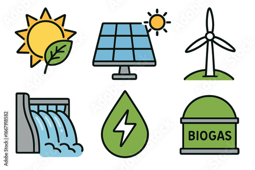 Renewable energy icon set. Green power sources collection. Vector symbols for solar panel, wind turbine, hydroelectric dam, and biogas. Sustainable technology illustration.