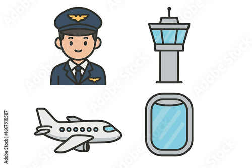 Aviation icon set with pilot, airplane, control tower, and window. Vector cartoon illustration collection for air travel, transport, and flight concepts. Flat design elements.