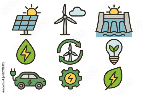 Renewable energy icon set. Green power sources like solar panel, wind turbine, hydroelectric dam. Sustainable technology and ecology concepts. Vector line art illustration.