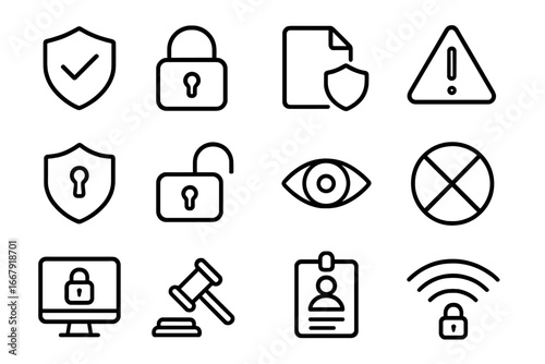 Security Privacy Protection Line Icons Set. Data Lock Shield Access Control Risk Awareness Legal Compliance Internet Secure Network Warning Alert Identification Cyber Safety Vector Transparent
