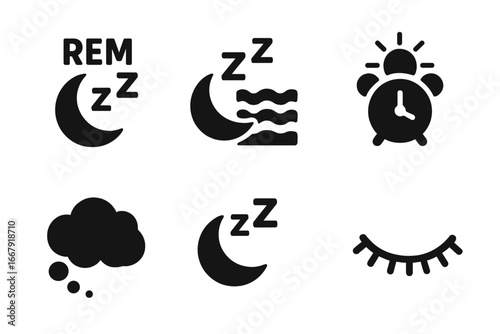 Sleep cycle stages icon set. REM, deep, light sleep. Wake up, dream, closed eye, alarm clock solid icons. Circadian rhythm, bedtime, insomnia. Health vector symbols.