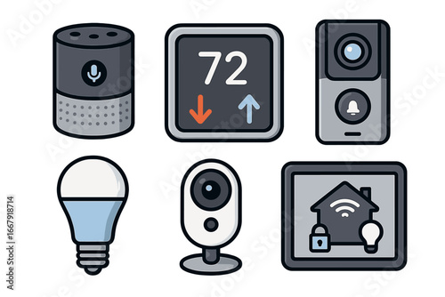 Vector icon set of smart home devices. Home automation and IoT concept. Includes digital thermostat, security camera, smart speaker, video doorbell, and connected bulb.