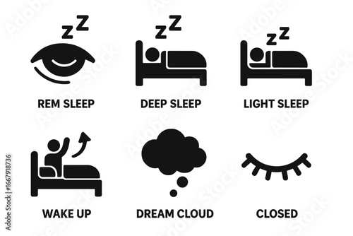 Sleep cycle stages solid glyph icon set. Vector icons of sleep phases like REM, deep and light sleep, wake up, and dream cloud. Pictograms for sleep tracking apps or health.