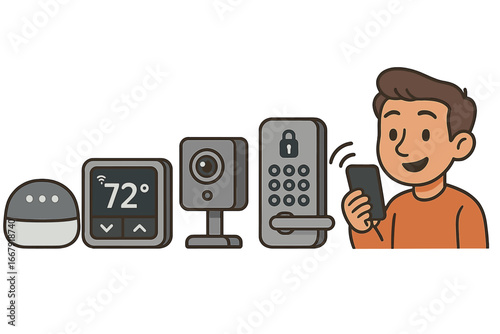 Smart home automation concept. Man controls devices with a phone app. IoT illustration with thermostat, security camera, smart lock. Vector icon set for modern living technology.
