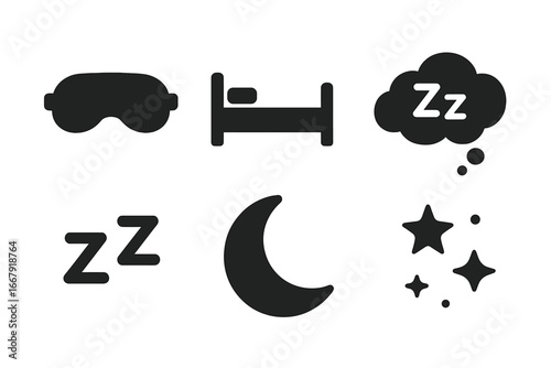 Sleep solid icon set. Night rest, dream and bedtime symbols. Vector glyph collection. Sleep mask, bed, crescent moon, dream bubble, zzz symbol, stars. Good night concept.
