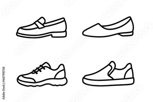 Outline Icon Set of Various Shoe Styles Including Loafers, Flats, Sneakers, Slip-Ons. Vector Cartoon Footwear Collection for Fashion and Apparel Design, Transparent Background, Linear Style