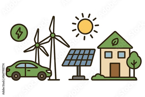 Eco-friendly transportation renewable energy sustainable lifestyle vector illustration. Green car wind turbine solar panel eco house sun clean energy. Environmental concept cartoon design