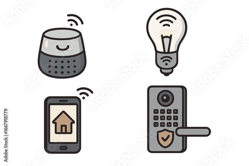 Smart home device icon set. IoT technology for modern living. Vector cartoon icons for home automation, security, and connectivity. Smart speaker, lightbulb, phone, door lock.