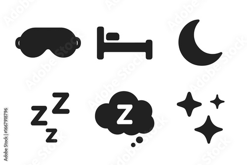 Sleep icon set. Solid glyph icons for rest, recovery, and bedtime. Includes sleep mask, bed, moon, stars, zzz symbol, and dream cloud. Nighttime relaxation vector.