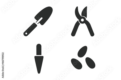 Gardening tools icon set for small-space farming or urban agriculture. Solid glyph vector icons of hand trowel, pruning shears, planting dibber, and seeds. Horticultural kit.