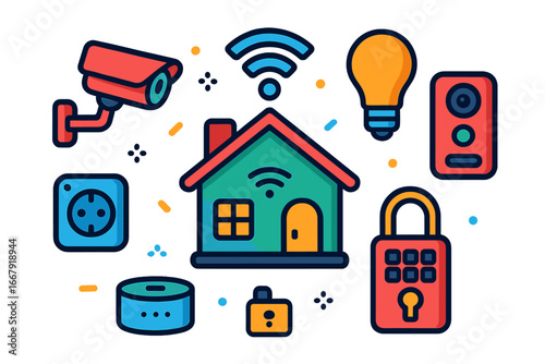 Smart home technology icon set with automation and security devices. Vector illustration of IoT concept with house, camera, lock, lightbulb, and wifi symbol for remote control.