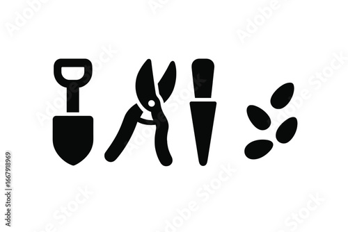 Gardening tools icon set for small-space farming. Vector silhouette of hand spade, trowel, pruning shears, dibber, and seeds. Concept for agriculture, horticulture, and planting.