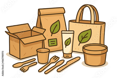 Eco-Friendly Packaging Vector Set. Sustainable Biodegradable Packaging Materials. Zero Waste Bags, Reusable Cutlery, Recyclable Cardboard Boxes, Compostable Products. Green Lifestyle Concept