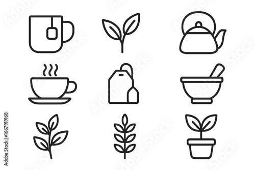 Tea and Herbal Icon Set Outline Vector. Tea Cup, Teapot, Teabag, Steaming Cup, Leaf, Herb, Brewing, Natural, Wellness, Health Drink, Herbal Tea, Medicinal Plant Symbol, Transparent Background